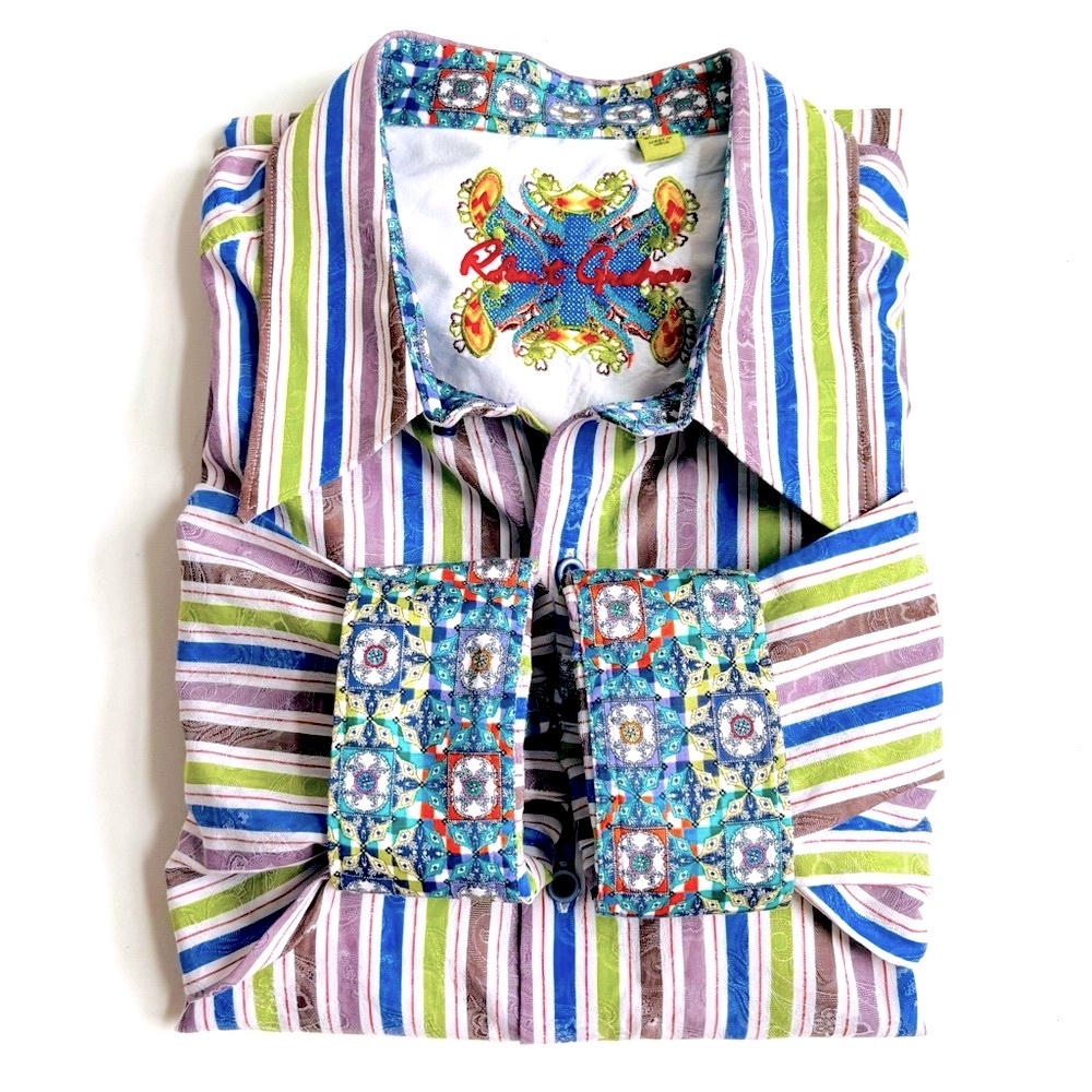 ROBERT GRAHAM Striped Print Long Sleeve Button Down Shirt Sz 2XL Tall Multicolor